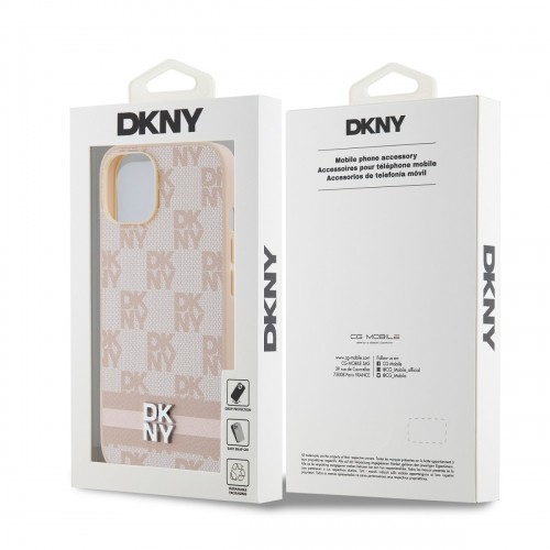 DKNY PU Leather Checkered Pattern and Stripe Case for iPhone 14 Pink image 5