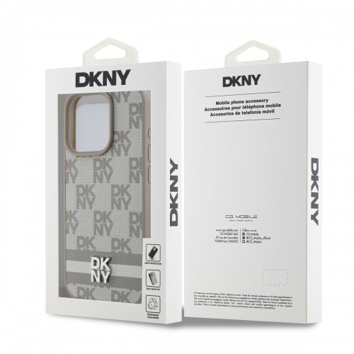 DKNY PU Leather Checkered Pattern and Stripe Case for iPhone 15 Pro Beige image 5