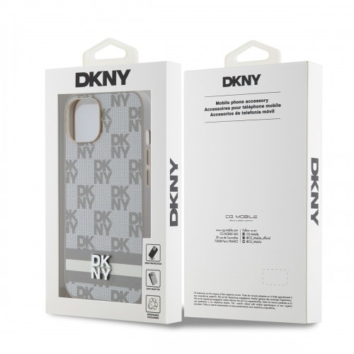 DKNY PU Leather Checkered Pattern and Stripe Case for iPhone 15 Beige image 5