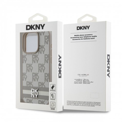 DKNY PU Leather Checkered Pattern and Stripe Case for iPhone 14 Pro Beige image 5