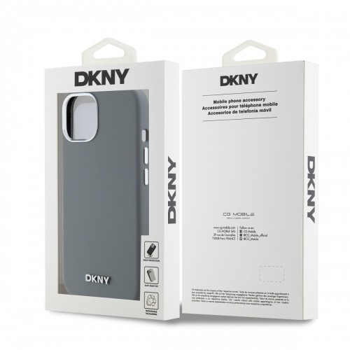DKNY Liquid Silicone Silver Metal Logo MagSafe Case for iPhone 15 Grey image 5