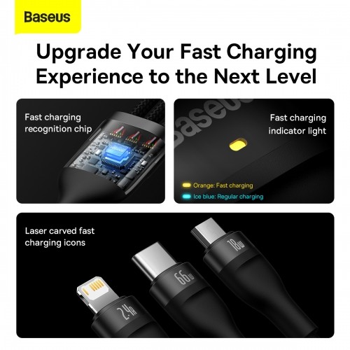 OEM 3in1 USB cable Baseus Flash II Series, USB-C + micro USB + Lightning, 66W, 1.2m (Black) image 5