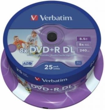 Matricas DVD+R DL Verbatim 8.5GB Double Layer 8x AZO Wide Printable non ID 25 Pack Spindle