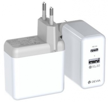 Devia Universāls 36W (Max 3A) PD Quick Lādētājs ar Type C - Type C 1m Vadu komplektā / USB Ligzda / priekš Macbook / iPad (2019) Balts