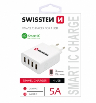 Swissten Smart IC Premium Tīkla Lādētājs USB 4x 2.1A / 25W / 5A Ar Automātisku Strāvas Stipruma Identifikāciju Balts