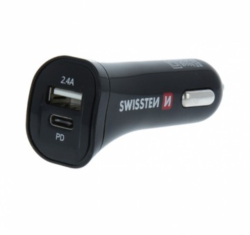 Swissten Power Delivery Auto Lādētājs 12 / 24V / 2.4A / 30W + Micro USB vads 1.50 m Melns