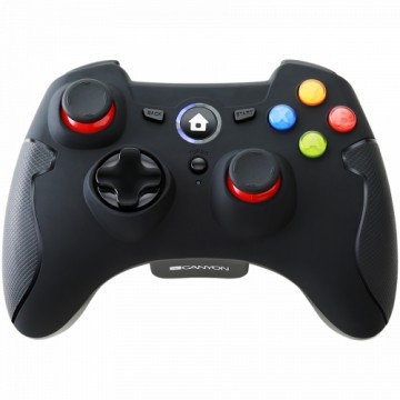 Canyon 2.4G Wireless  Controller with Dual Motor, Rubber coating,    2PCS AA Alkaline battery   ,support  PC X-input mode/D-input mode, PS3, Android/nano size dongle,black