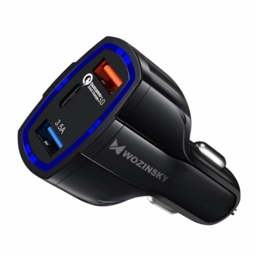 Wozinsky WCC-01 Universāls Auto Lādētājs 2x USB / USB Type-C Quick Charge 3.0 Melna