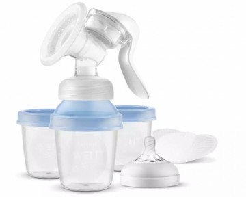 Philips Avent Lotus manuālais krūts piena sūknis ar trauciņiem piena/ēdiena uzglabāšanai (3 gab., + adapteris) - SCF430/13