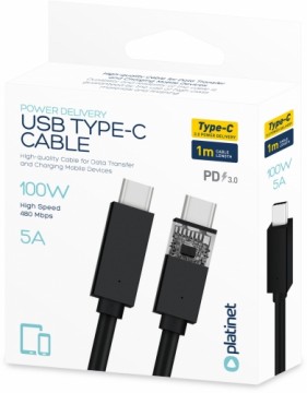 Platinet cable USB-C - USB-C 5A 100W 1m, black (PUCC5A1B)