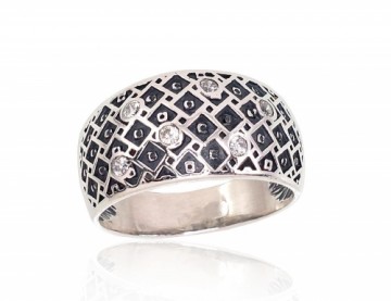 Серебряное кольцо #2101683(POx-Bk)_CZ, Серебро	925°, оксид (покрытие), Цирконы , Размер: 18, 5.7 гр.