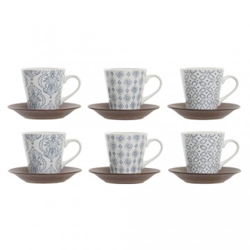 Piece Coffee Cup Set DKD Home Decor Blue Brown Rubber wood White Stoneware 150 ml