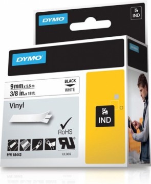 DYMO Rhino Professional, noticeable permanent vinyl tape, 9 mm, black text on white tape, 5.5 m 18443