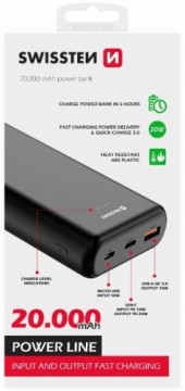 Swissten Line Power Banka Ārējās Uzlādes Baterija USB / USB-C / Micro USB / 20W / 20000 mAh