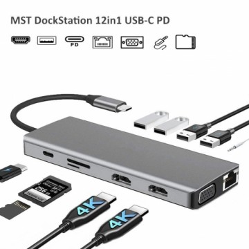 RoGer MST Dock Station 12in1 Lite Klēpjdatora dokstacija USB-C uz 2x HDMI / 4x USB3.0 / SD/TF / VGA / LAN