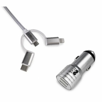 Универсальное USB-зарядное для авто + USB-кабель C Subblim Cargador Coche 2xUSB Dual Car Charger Alum 2.4A + Cable 3 in 1 Silver