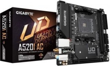 Gigabyte  
         
       A520I AC Processor family AMD, Processor socket AM4, DDR4 DIMM, Memory slots 2, Number of SATA connectors 4, Chipset AMD A, Mini ITX