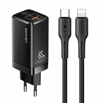 USAMS T33 GaN 65W Mini Fast Charger + SJ406 U43 C to L Cable Black