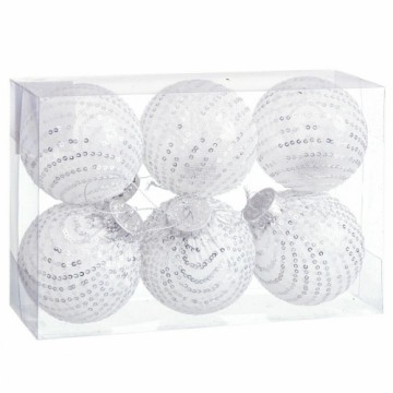 Bigbuy Christmas Ёлочные шарики Белый Серебристый Пластик Ткань пайетки 8 x 8 x 8 cm (6 штук)