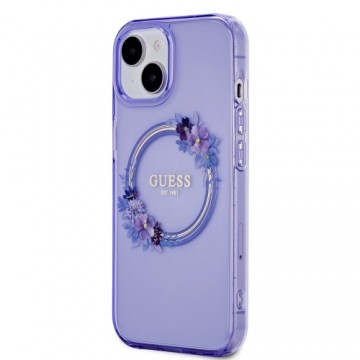 Guess PC|TPU Flowers Ring Glossy Logo MagSafe Case for iPhone 15 Purple