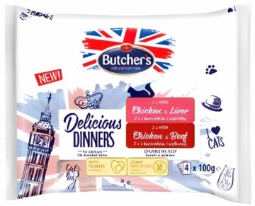 BUTCHER'S Delicious Dinners Chicken with liver, Chicken with beef   - wet cat food - 4 x 100g