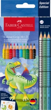 Trīsstūrveida akvareļu zīmuļi Faber-Castell Colour Grip Dinosaurus 10+3 krāsas