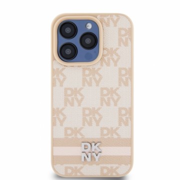 DKNY PU Leather Checkered Pattern and Stripe Case for iPhone 14 Pro Max Pink
