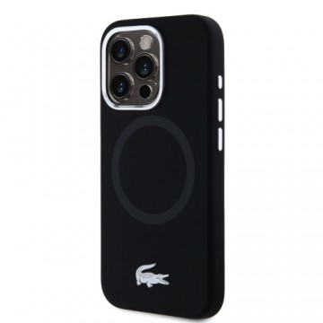 Lacoste Liquid Silicone Microfiber Silver Croc Logo MagSafe Case for iPhone 15 Pro Max Black
