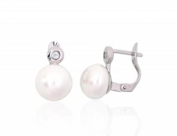 Silver earrings with 'english' lock #2204149(PRh-Gr)_CZ+PE, Silver 925°, Rhodium (Plating), Zirkons, Fresh-water Pearl, 2.8 gr.