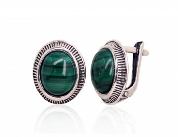 Silver earrings with 'english' lock #2202857(POx-Bk)_MT, Silver 925°, oxide (Plating), Malachite, 4.5 gr.