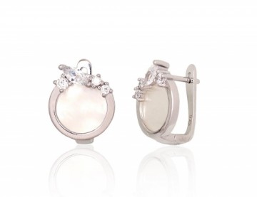 Silver earrings with 'english' lock #2204184(PRh-Gr)_CZ+PL, Silver 925°, Rhodium (Plating), Zirkons, Mother-of-pearl, 4.7 gr.