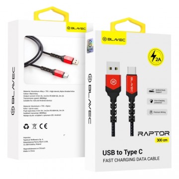 OEM Blavec Cable Raptor braided - USB to Type C - 2A 3 metres (CRA-UC2BR30) black-red