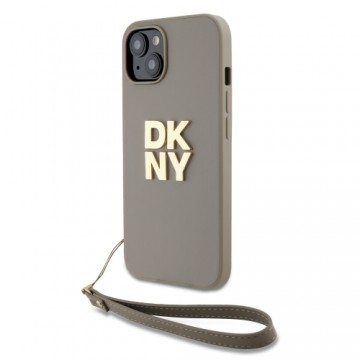 DKNY PU Leather Stack Logo Wrist Strap Case for iPhone 14 Beige