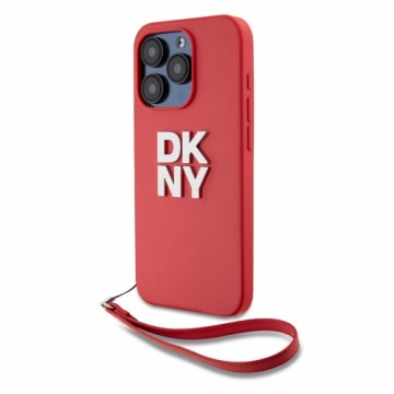 DKNY PU Leather Stack Logo Wrist Strap Case for iPhone 15 Pro Max Red