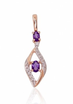 Gold pendant #1300528(Au-R+PRh-W)_DI+AM, Red Gold 585°, Rhodium (Plating), Diamonds (0,037Ct), Amethyst, 0.66 gr.