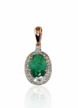 Gold pendant #1300264(Au-R+PRh-W)_DI+EM, Red Gold 585°, Rhodium (Plating), Diamonds (0,093Ct), Emerald (0,599Ct), 0.97 gr.