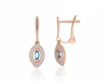 Gold earrings with 'english' lock #1201671(Au-R+PRh-W)_DI+TZLB, Red Gold 585°, Rhodium (Plating), Diamonds (0,078Ct), Sky Blue Topaz, 1.93 gr.