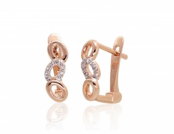 Gold earrings with 'english' lock #1201285(Au-R+PRh-W)_DI, Red Gold 585°, Rhodium (Plating), Diamonds (0,036Ct), 1.7 gr.