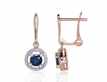 Gold earrings with 'english' lock #1201177(Au-R+PRh-W)_DI+SA, Red Gold 585°, Rhodium (Plating), Diamonds (0,124Ct), Sapphire (0,582Ct), 2.11 gr.