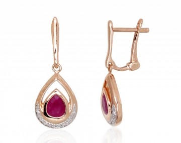 Gold earrings with 'english' lock #1200977(Au-R+PRh-W)_DI+RB, Red Gold 585°, Rhodium (Plating), Diamonds (0,056Ct), Ruby (0,722Ct), 2.9 gr.