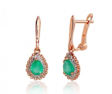 Gold earrings with 'english' lock #1200799(Au-R+PRh-W)_DI+EM, Red Gold 585°, Rhodium (Plating), Diamonds (0,078Ct), Emerald (0,556Ct), 1.51 gr.