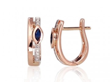 Gold earrings with 'english' lock #1200713(Au-R+PRh-W)_DI+SA, Red Gold 585°, Rhodium (Plating), Diamonds (0,034Ct), Sapphire (0,25Ct), 2.14 gr.