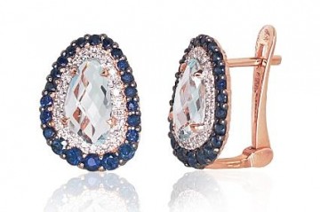 Gold earrings with 'english' lock #1200502(Au-R+PRh-W+PRh-Bk)_DI+SA+TZLB, Red Gold 585°, Rhodium (Plating), Diamonds (0,132Ct), Sapphire (0,771Ct), Sky Blue Topaz (2,7Ct), 3.21 gr.