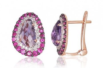 Gold earrings with 'english' lock #1200502(Au-R+PRh-W+PRh-Bk)_DI+RB+AM, Red Gold 585°, Rhodium (Plating), Diamonds (0,127Ct), Ruby (0,822Ct), Amethyst (2,19Ct), 3.07 gr.