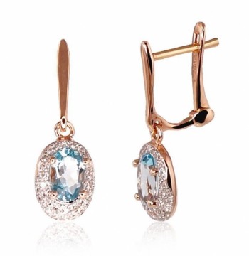 Gold earrings with 'english' lock #1200392(Au-R+PRh-W)_DI+TZLB, Red Gold 585°, Rhodium (Plating), Diamonds (0,148Ct), Sky Blue Topaz, 1.97 gr.