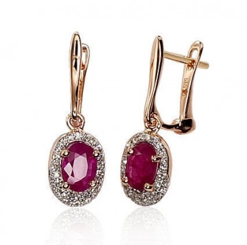 Gold earrings with 'english' lock #1200392(Au-R+PRh-W)_DI+RB, Red Gold 585°, Rhodium (Plating), Diamonds (0,148Ct), Ruby (0,978Ct), 1.94 gr.