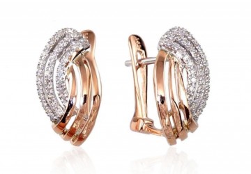 Gold earrings with 'english' lock #1200274(Au-R+PRh-W)_DI, Red Gold 585°, Rhodium (Plating), Diamonds (0,162Ct), 3.21 gr.