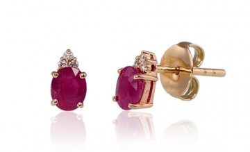 Gold classic studs earrings #1200248(Au-R+PRh-W)_DI+RB, Red Gold 585°, Rhodium (Plating), Diamonds (0,036Ct), Ruby (1,2Ct), 1.34 gr.