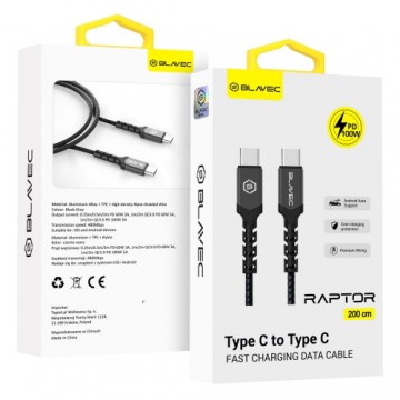 OEM Blavec Cable Raptor braided - Type C to Type C - PD 100W 5A 2 metres (CRA-CC5BG20) black-grey