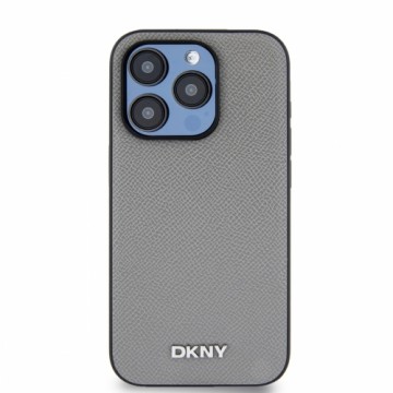 DKNY PU Leather Silver Metal Logo Magsafe Case for iPhone 15 Pro Grey